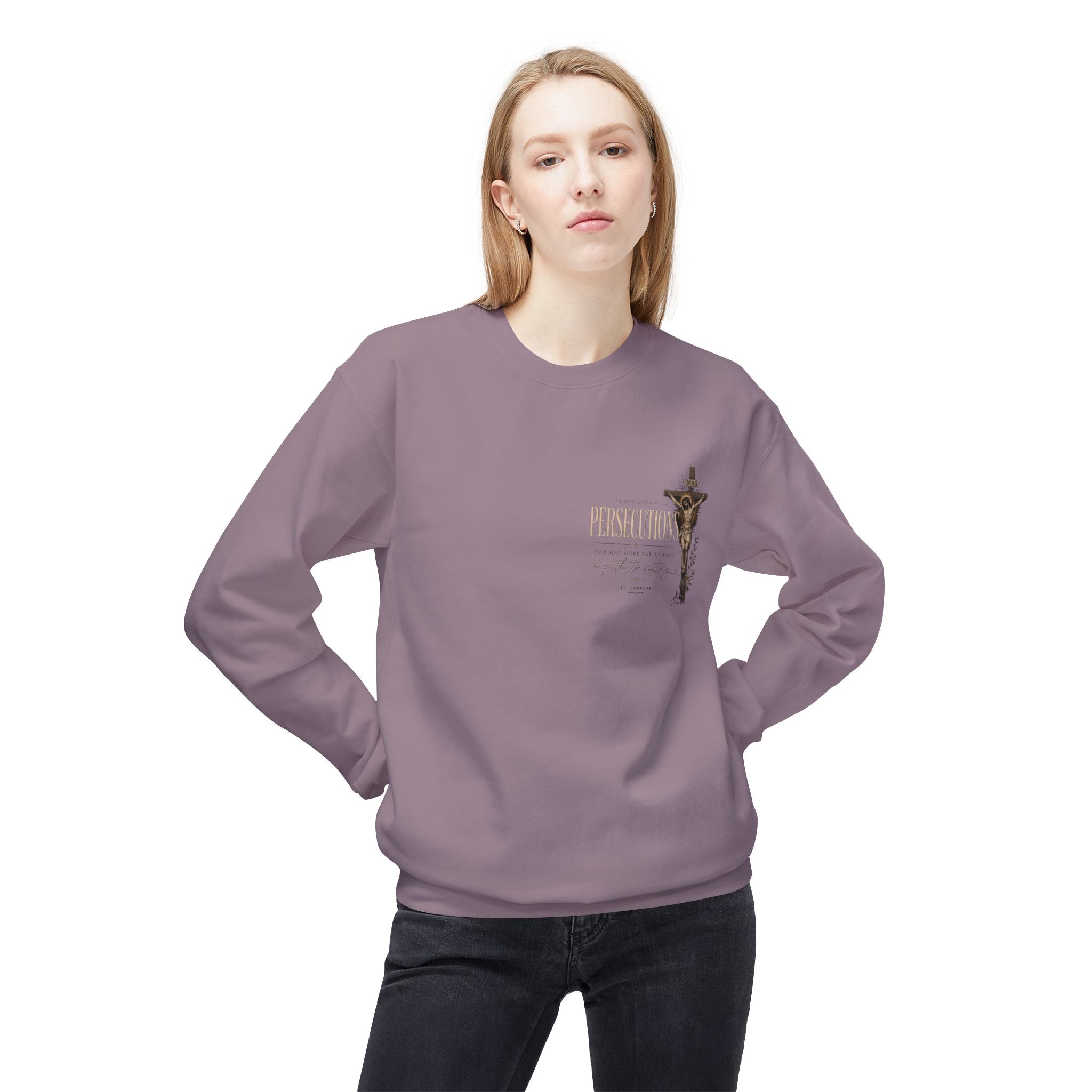 Persecutions Crewneck Sweatshirt — Subtle Text Graphic Christian Faith Pullover