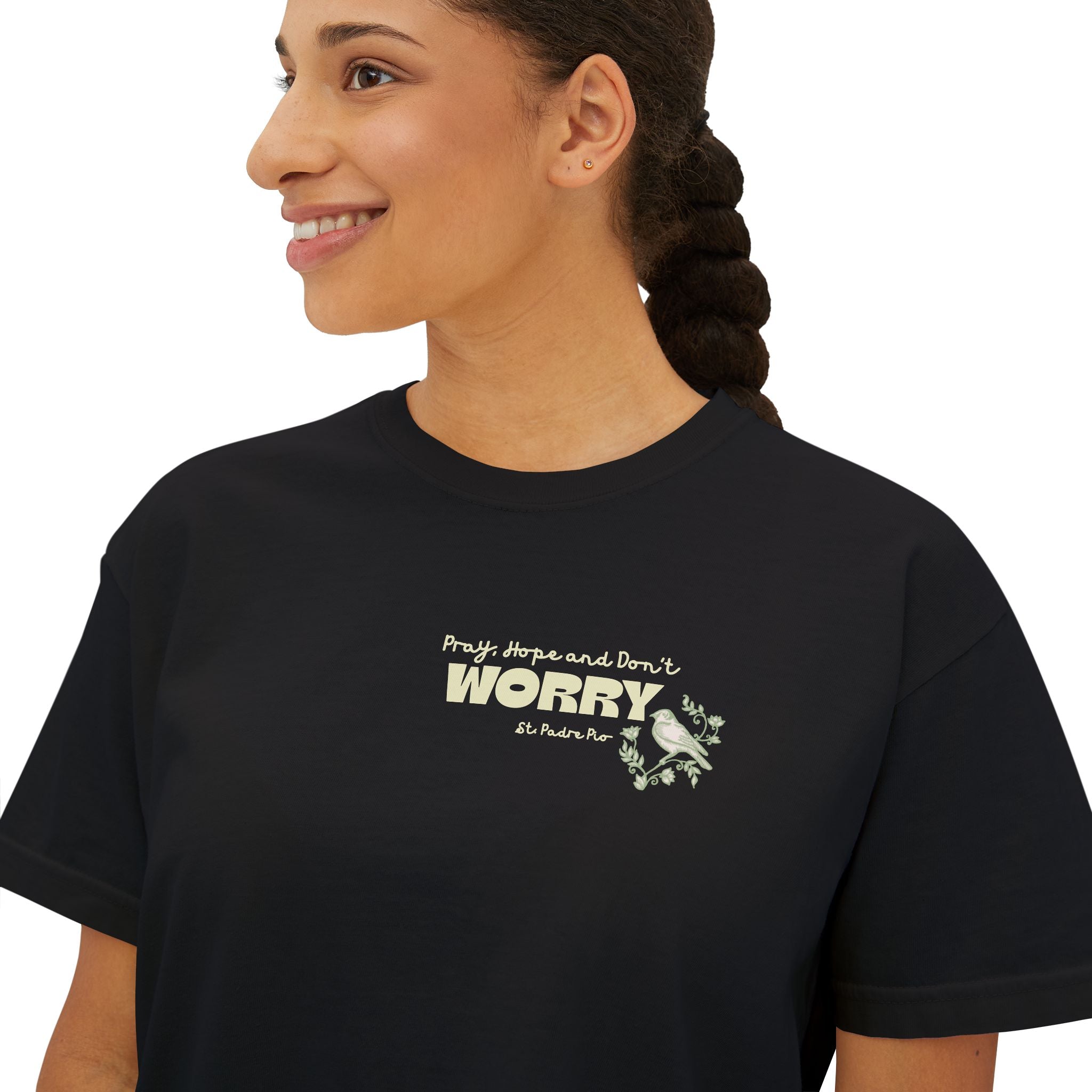 St Padre Pio Saint Quote Boxy Women's Tee with Bible Verse for Worry Relief