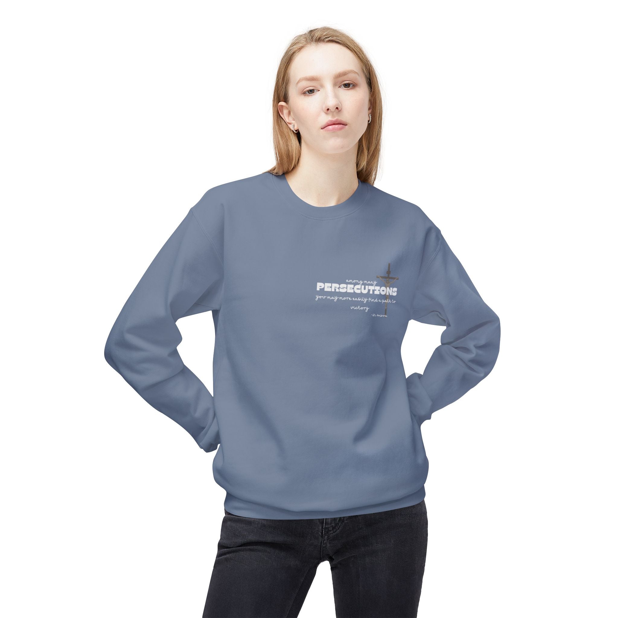 Persecutions Crewneck Sweatshirt — Subtle Text Graphic Christian Faith Pullover