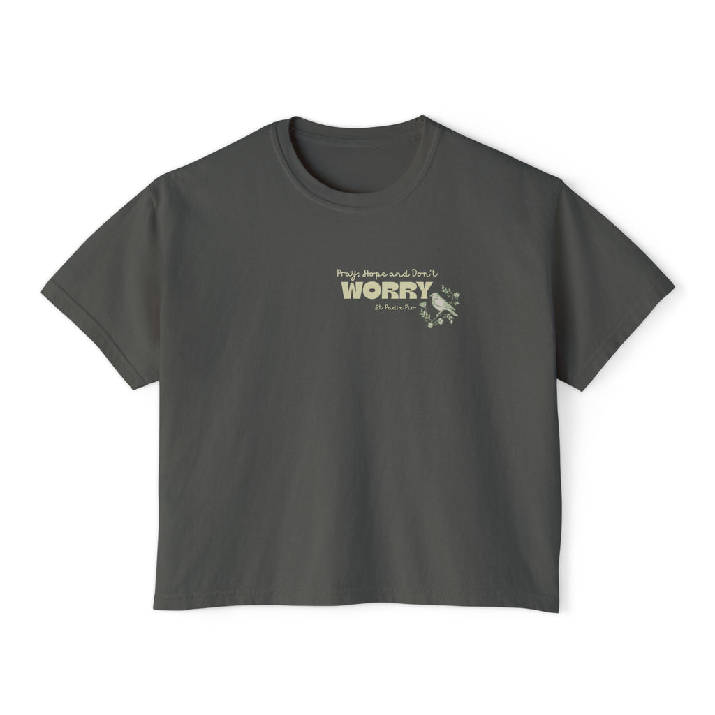 St Padre Pio Saint Quote Boxy Women's Tee with Bible Verse for Worry Relief
