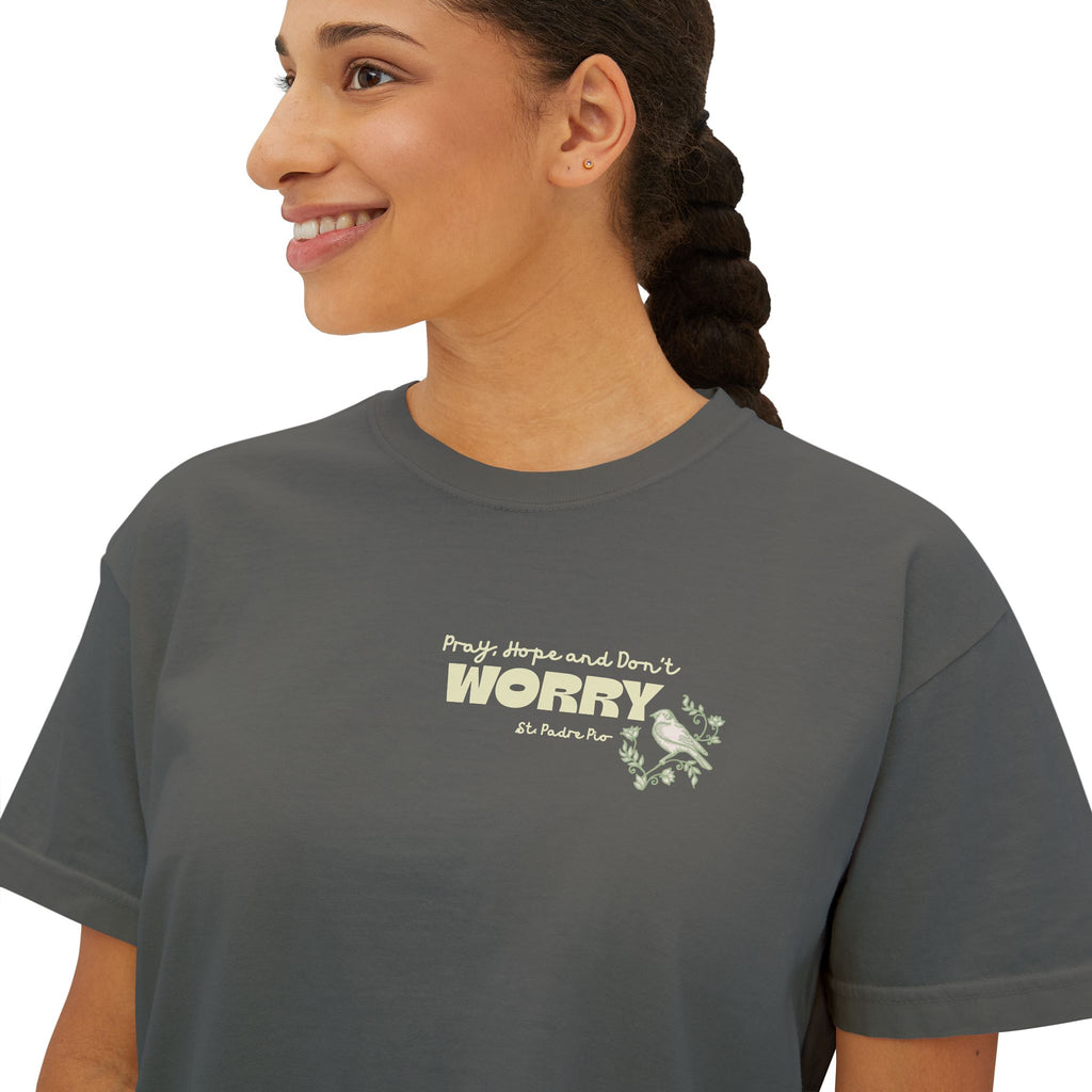 St Padre Pio Saint Quote Boxy Women's Tee with Bible Verse for Worry Relief